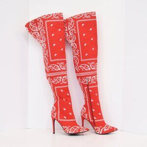 Thigh High Sexy Red Bandana Handkerchief Boots High Heel Shoes Stiletto Sz 7.5M
